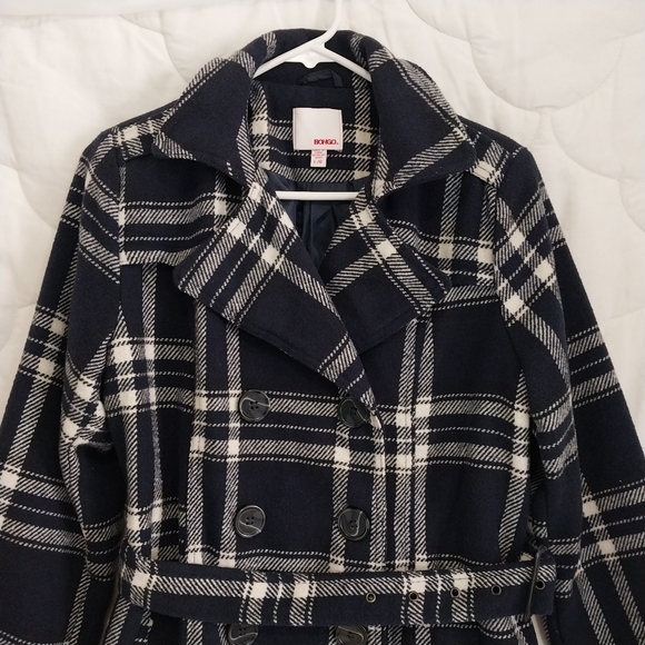 Bongo Womens Large Belted Brushed Soft Button-Down Plaid Navy Blue White Jacket - Picture 5 of 15